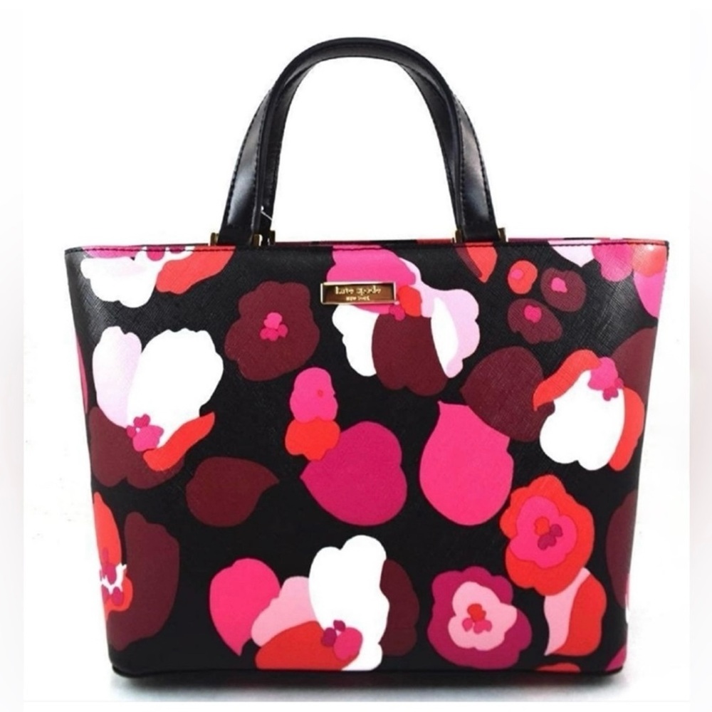 kate spade Black Floral Print Tote with Pink, Red & White Accents